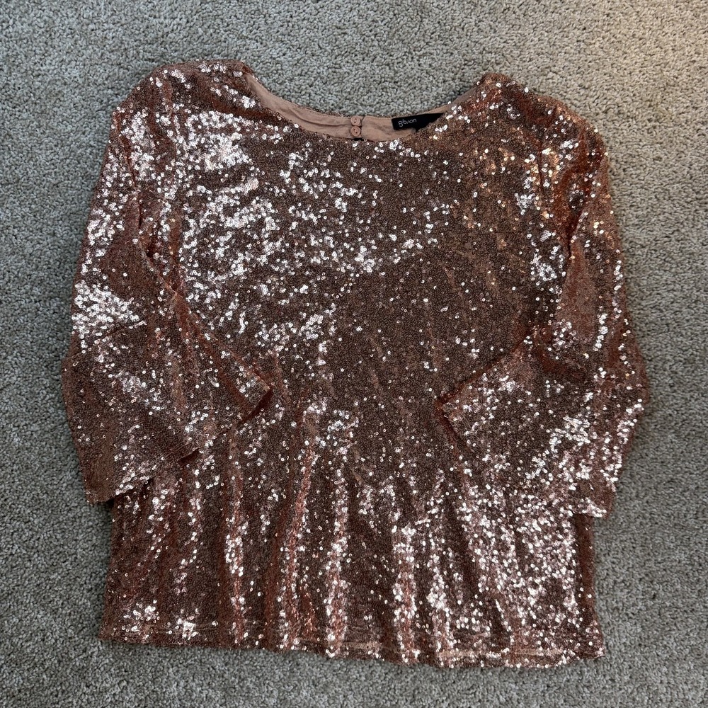 Gibson Blouse Womens L Gold Sequin 3/4 Sleeve Round Neck Holiday Party Top